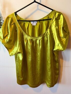 Chaus Satin Scoop Neck Top in Bright Olive Green